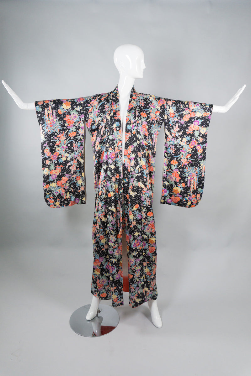 Vintage Japanese Rainbow Floral Burst Silk Kimono