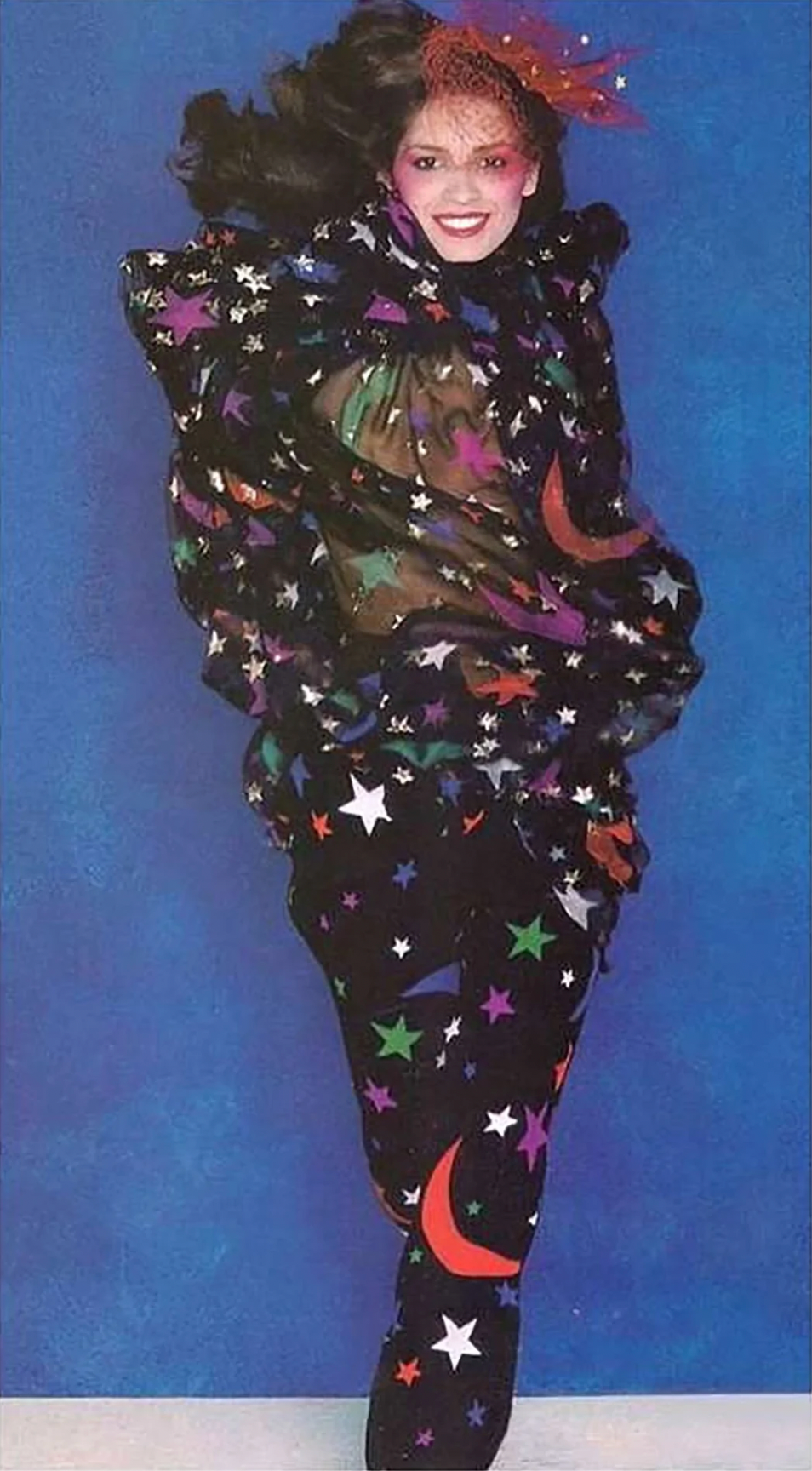 Vintage Saint Laurent 1979 S/S Rainbow Star Moon Blouse on model Gia Carangi @ Recess LA