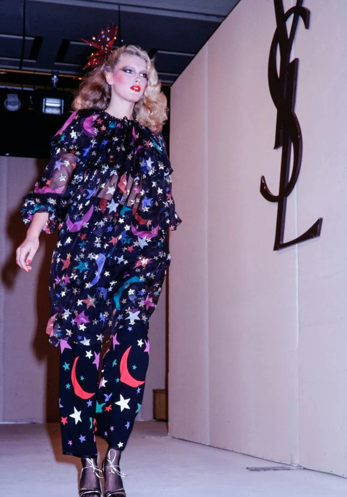 Vintage Saint Laurent 1979 S/S Rainbow Star Moon Blouse on runway show model @ Recess LA