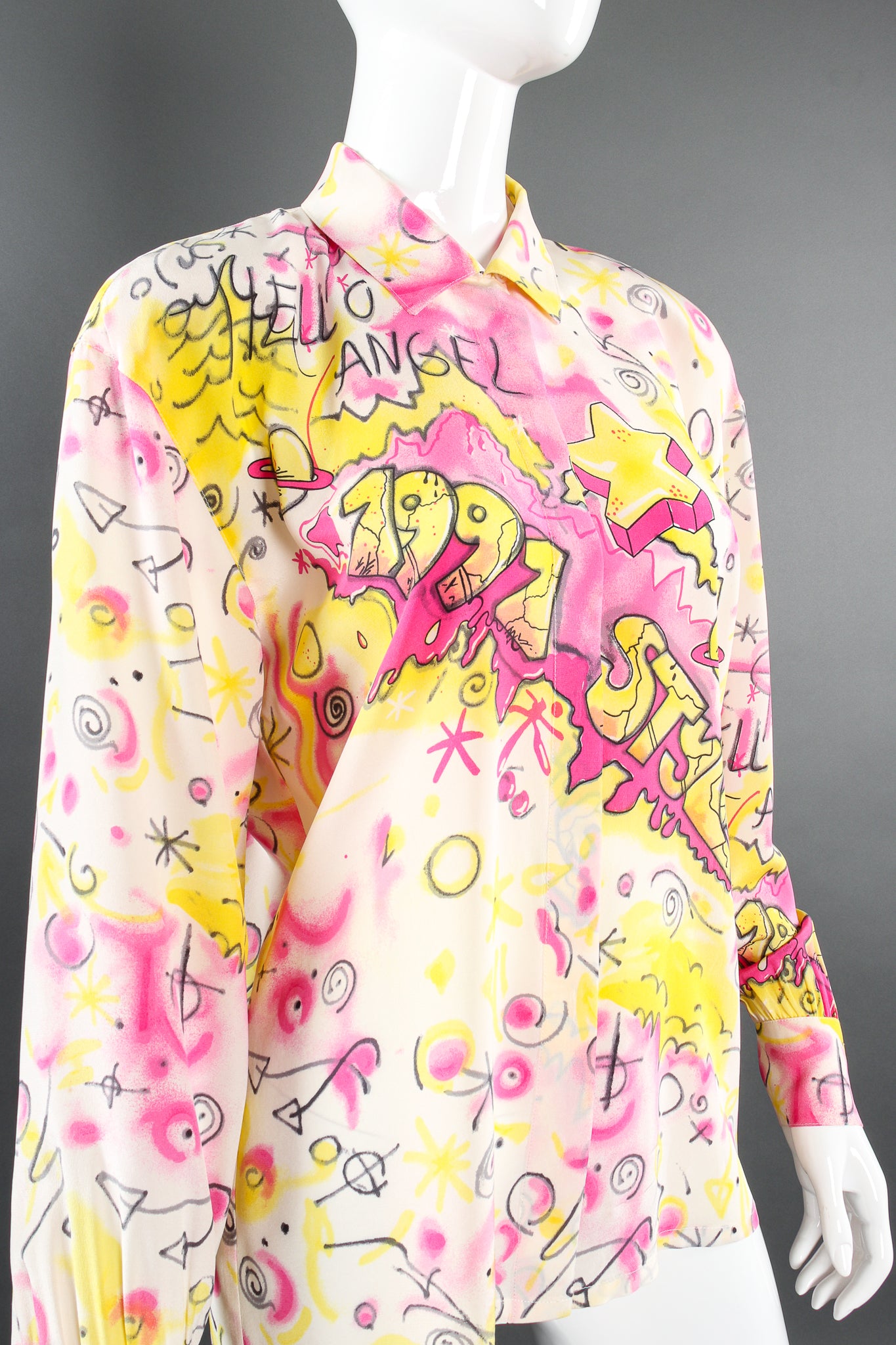 Vintage Escada 1991 Hello Angel Graffiti Print Shirt on mannequin angle at Recess LA