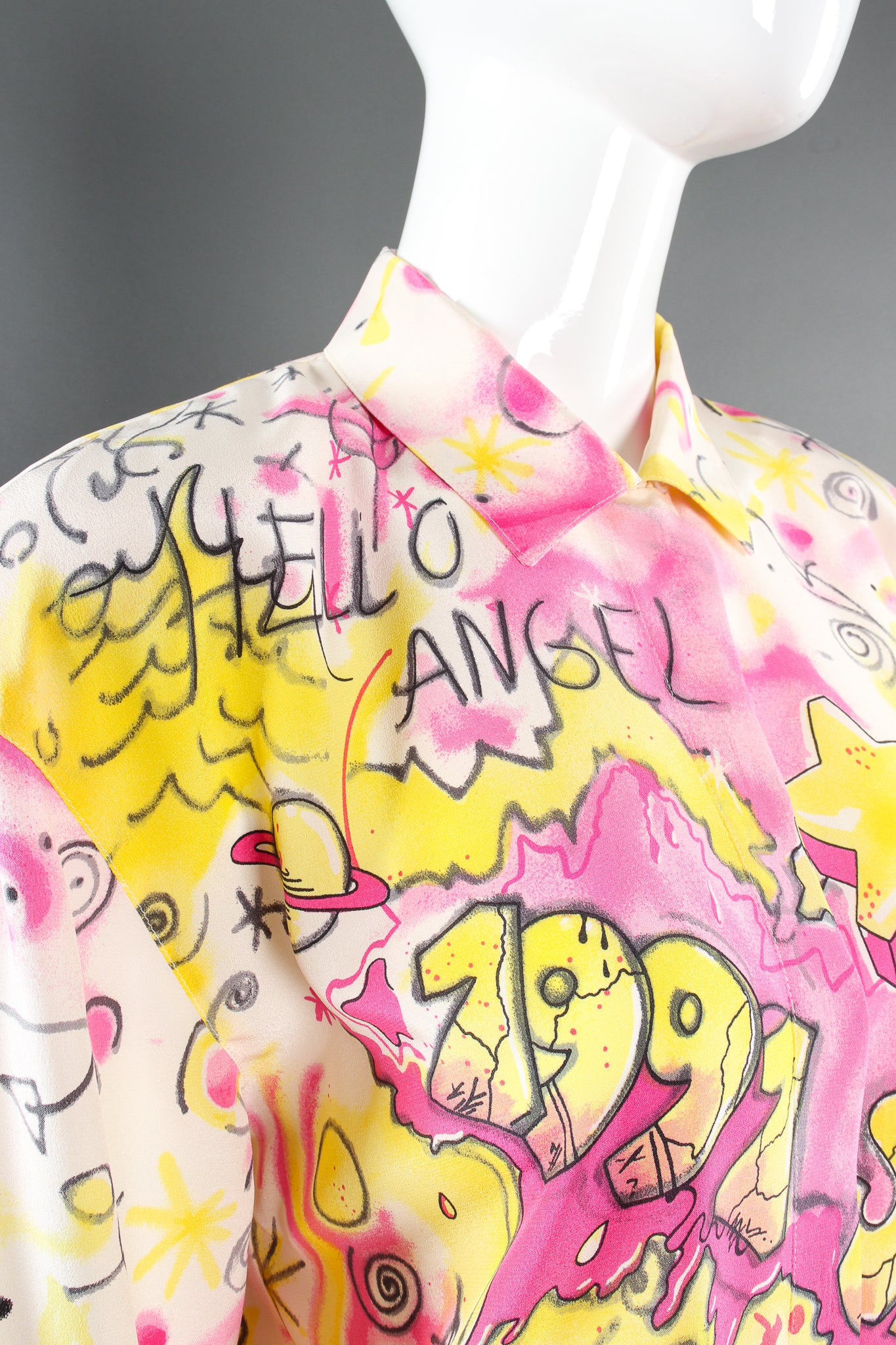 Vintage Escada 1991 Hello Angel Graffiti Print Shirt on mannequin print detail at Recess LA