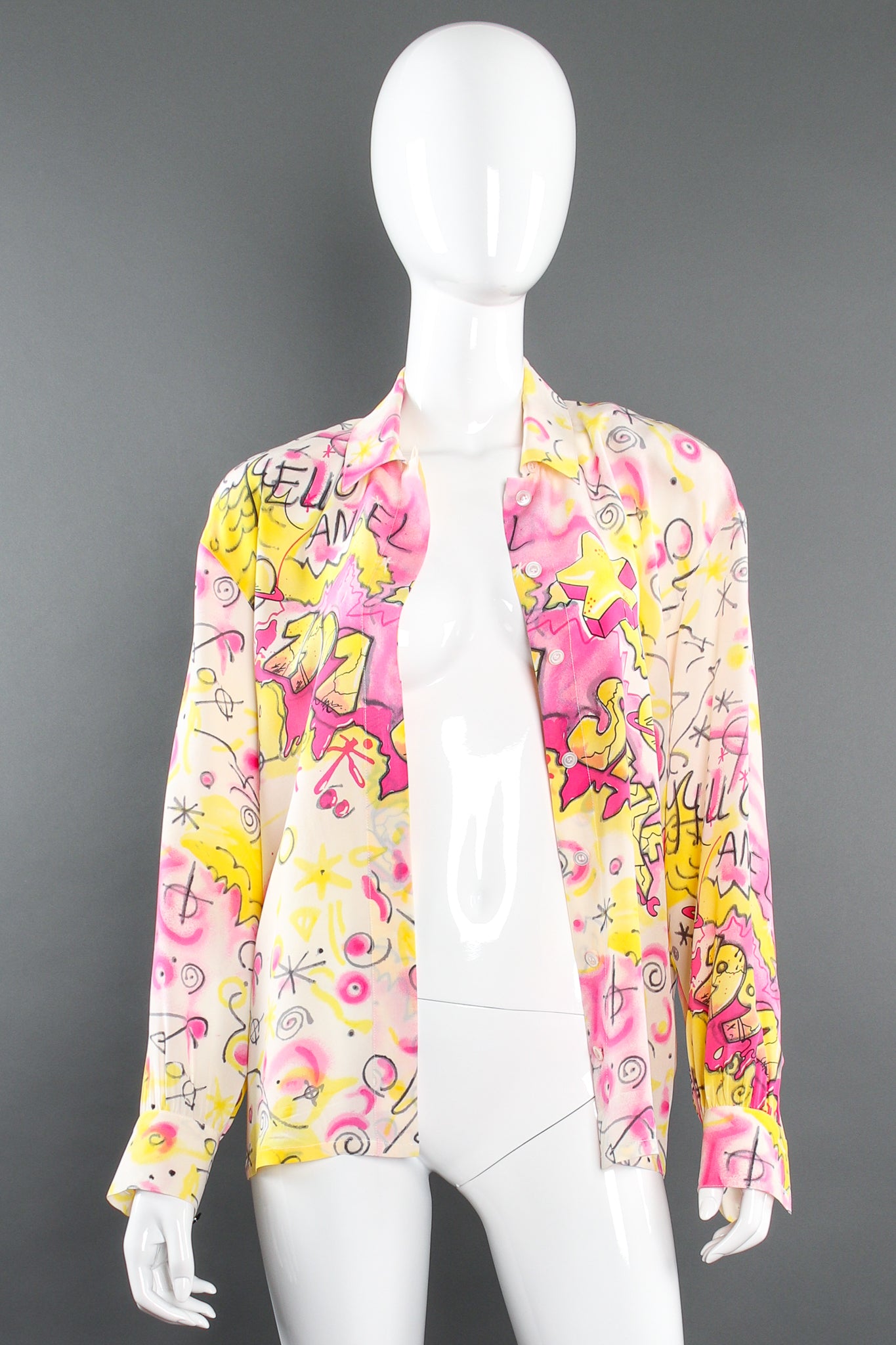 Vintage Escada 1991 Hello Angel Graffiti Print Shirt on mannequin open at Recess LA