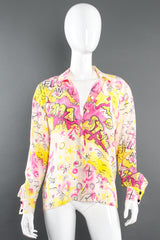 Vintage Escada 1991 Hello Angel Graffiti Print Shirt on mannequin front at Recess LA