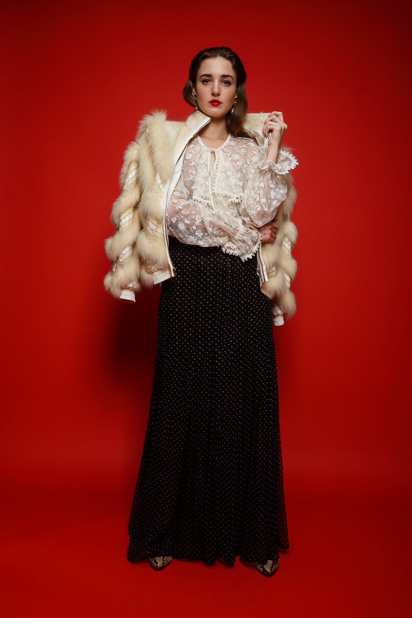 girl in Vintage Oscar de la Renta Pleated Chiffon Dot Skirt with fur jacket @ Recess Los Angeles