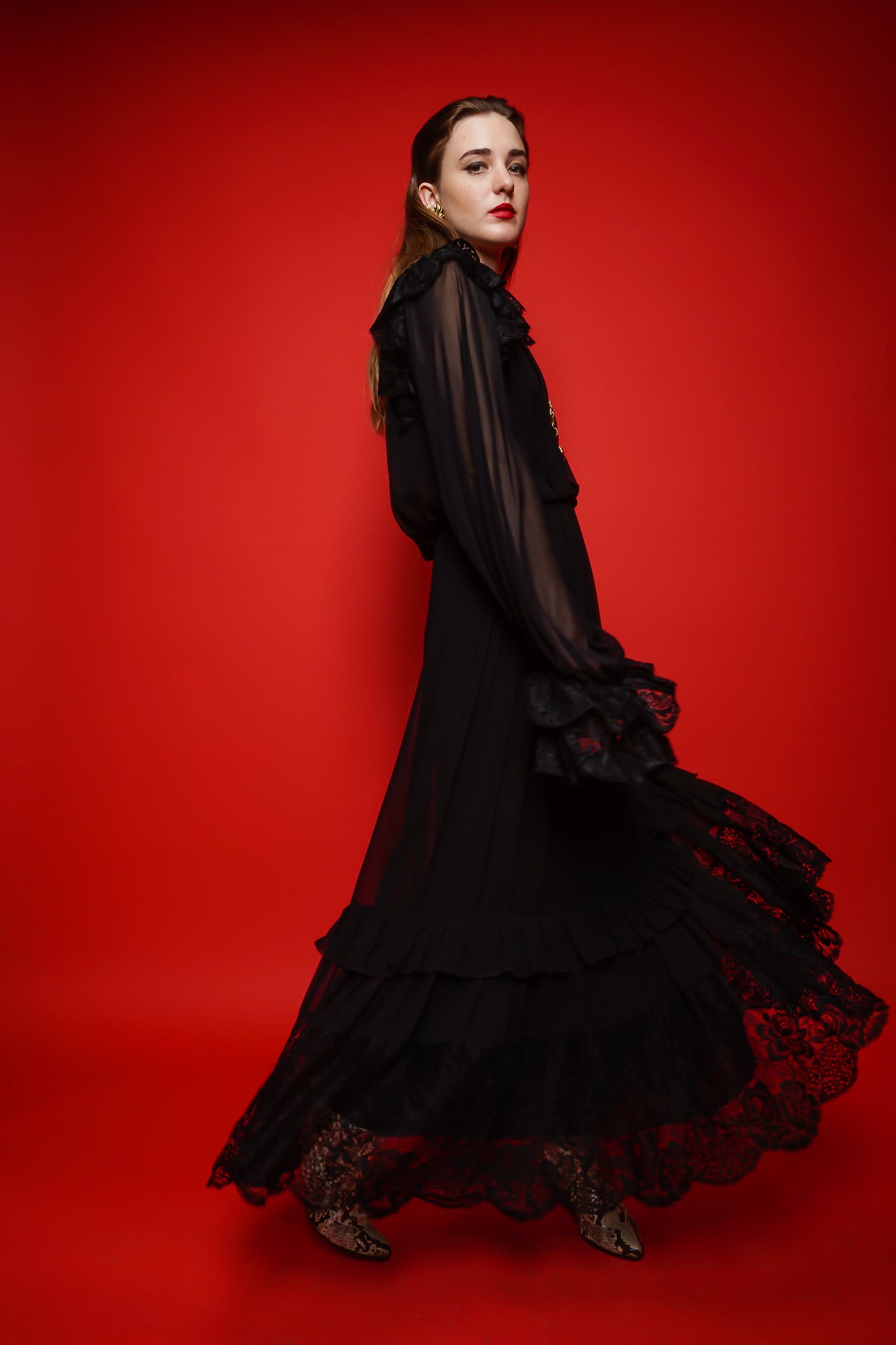 girl in black Vintage Richilene Lace Trim Prairie Dress on red background at Recess Los Angeles