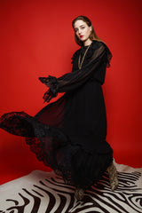 girl in black Vintage Richilene Lace Trim Prairie Dress on red background at Recess Los Angeles