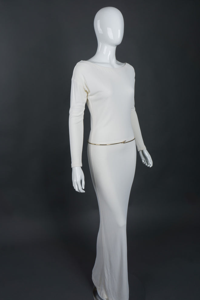Tom Ford Gucci Rare Iconic Minimalist 1996 White Jersey Bateau Gown with Belt Wedding