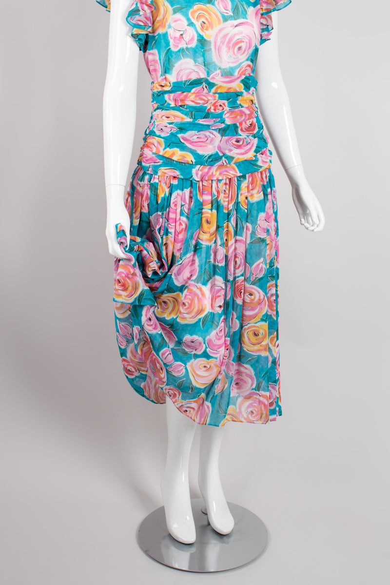 Miss O Oscar de la Renta Cotton Batiste Sheer Gathered Tropical Rose Skirt