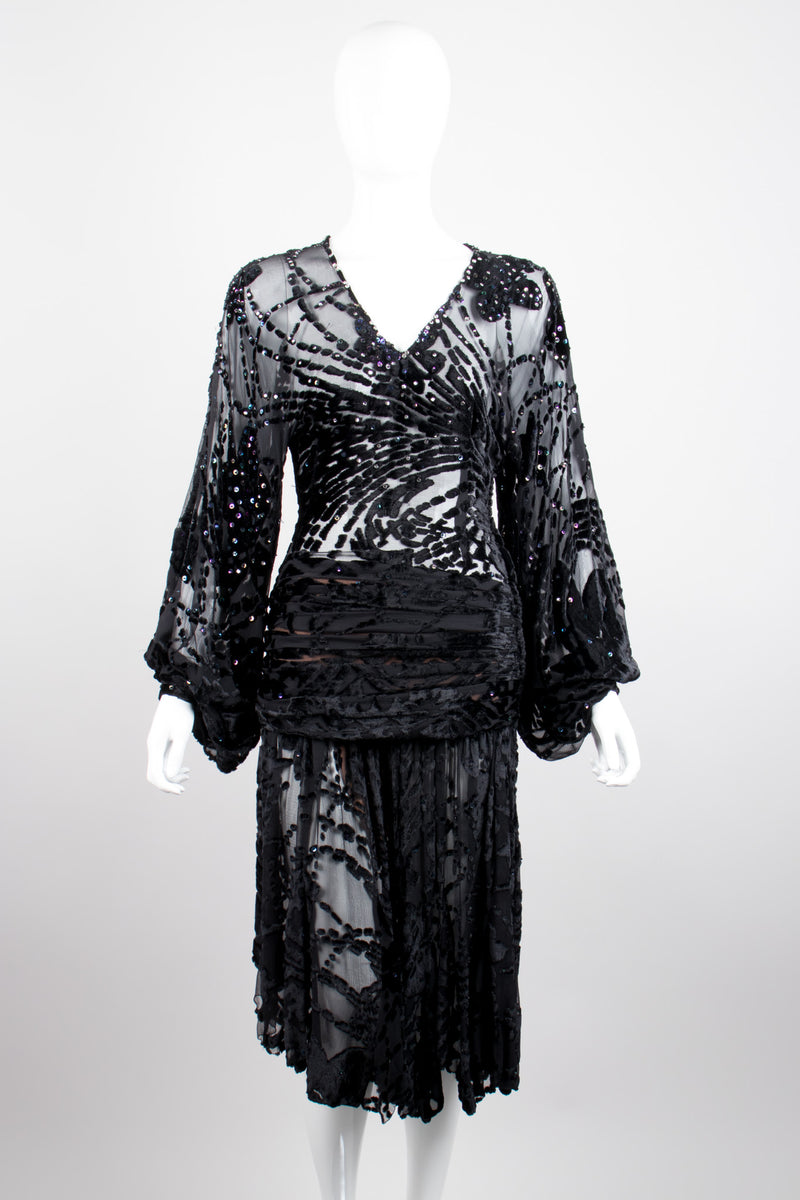 Kioko Goth Sequined Sheer Silk Velvet Burnout Dress
