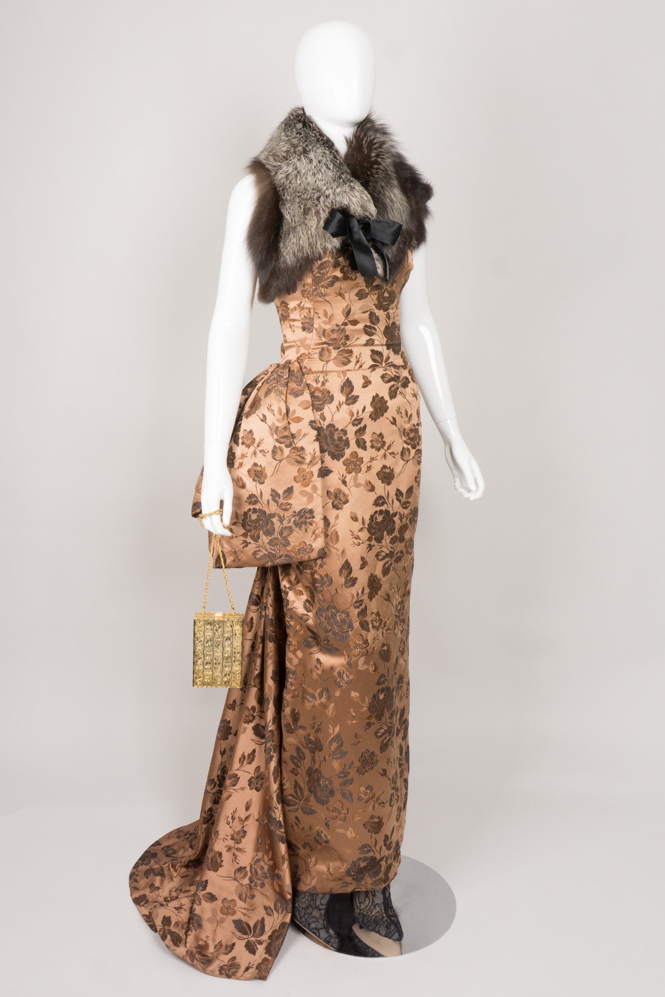 Christian Dior Vintage 50s Silk Brocade Side Bustle Strapless Gown