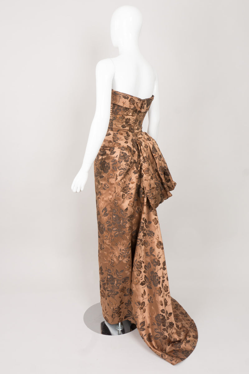 Christian Dior Vintage 50s Silk Brocade Side Bustle Strapless Gown