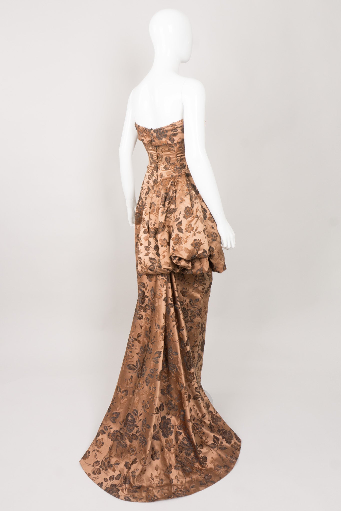 Christian Dior Vintage 50s Silk Brocade Side Bustle Strapless Gown