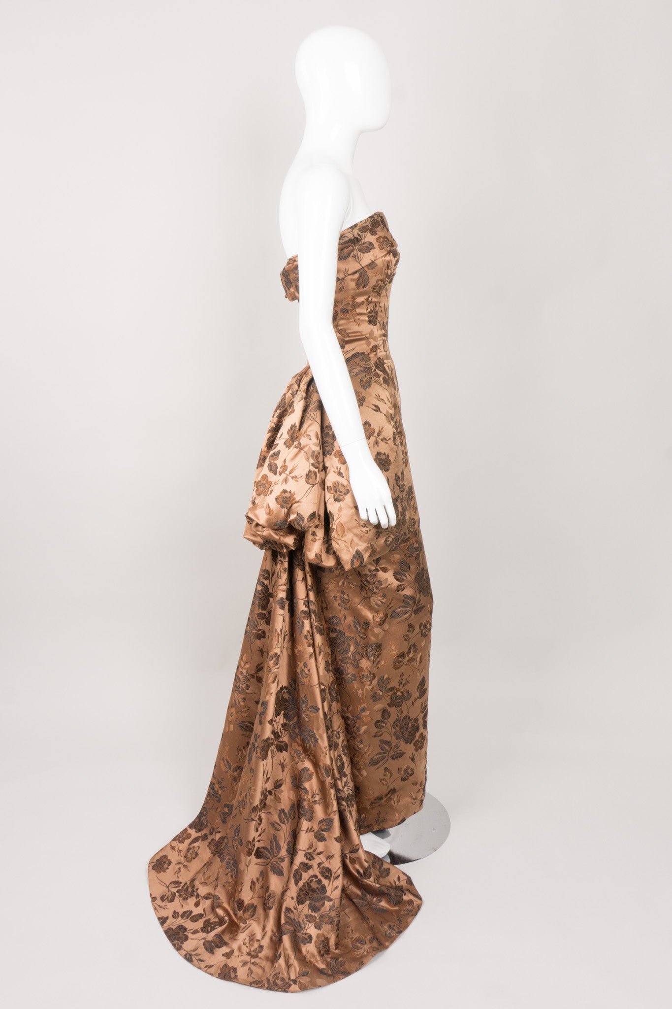 Christian Dior Vintage 50s Silk Brocade Side Bustle Strapless Gown