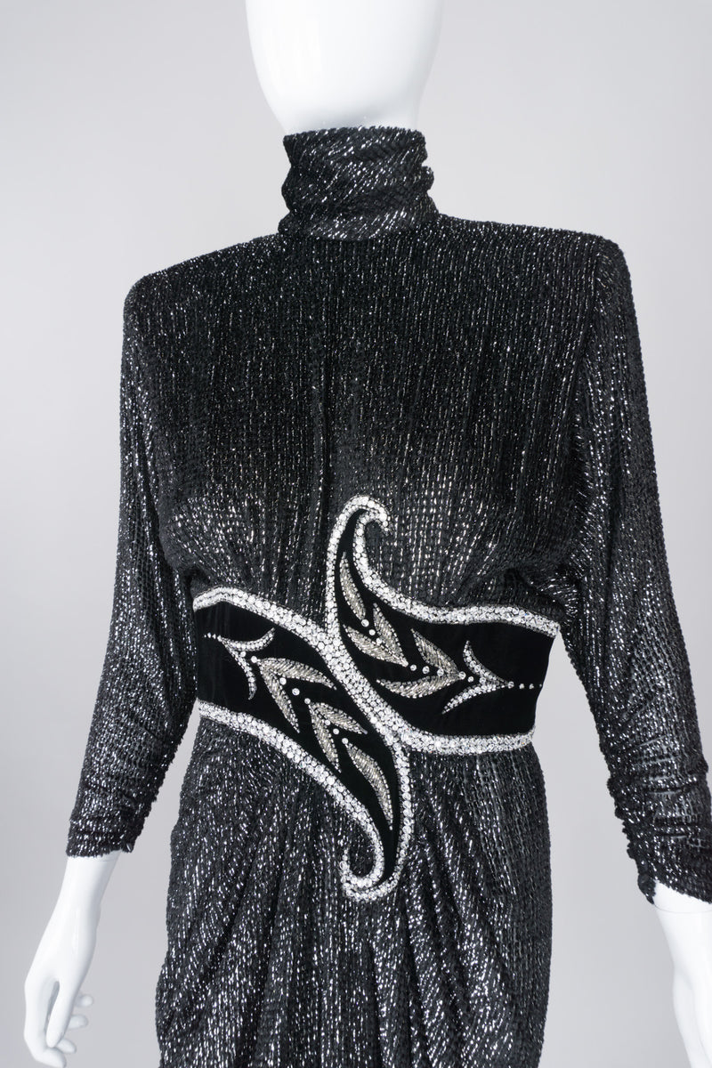 Bob Mackie Silver Glitter Velvet Lamé Harem Hem Dress