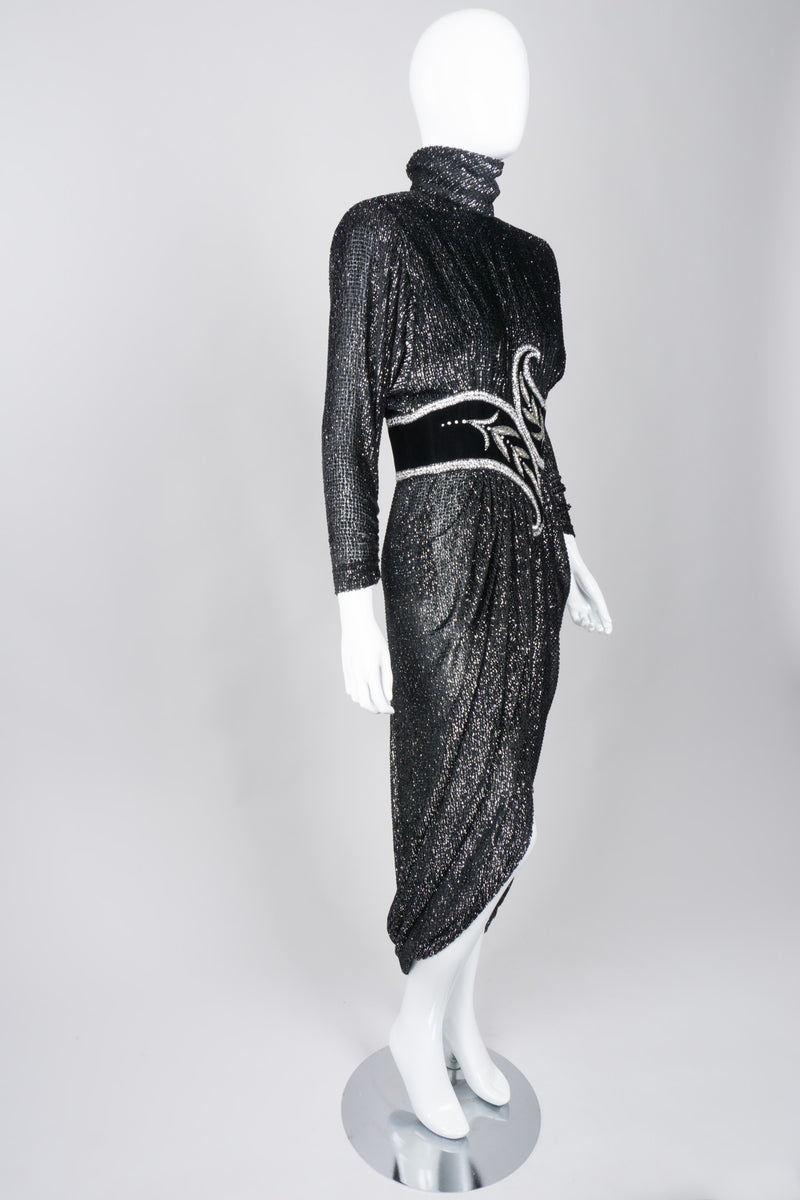 Bob Mackie Silver Glitter Velvet Lamé Harem Hem Dress