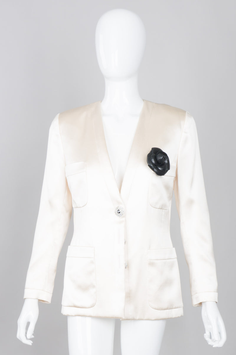 Adolfo Silk Satin Tuxedo Chanel Jacket Camellia