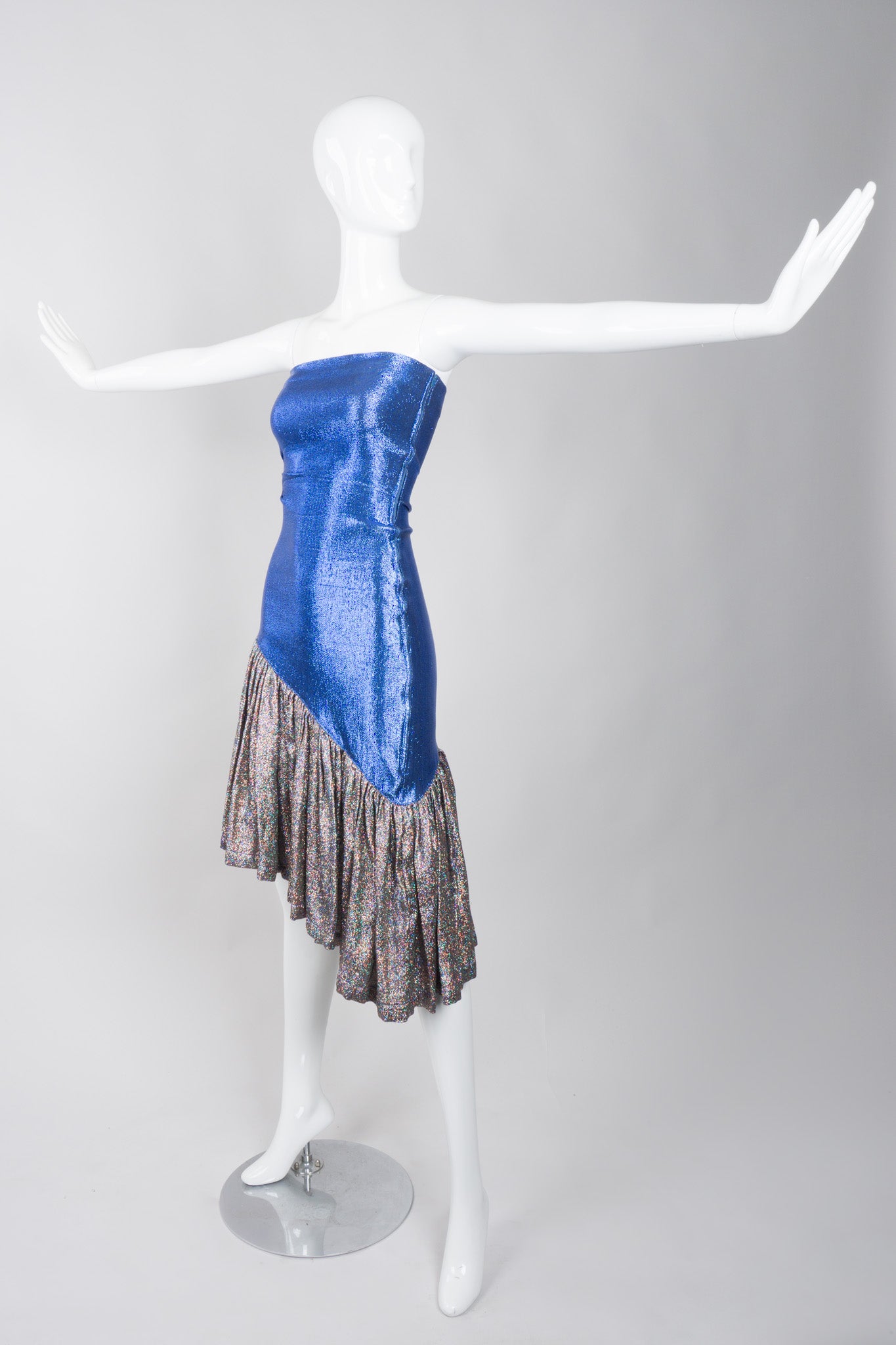 Los Malerbas Santa Monica Asymmetrical Lamé Metallic Mermaid Ruffle Dress