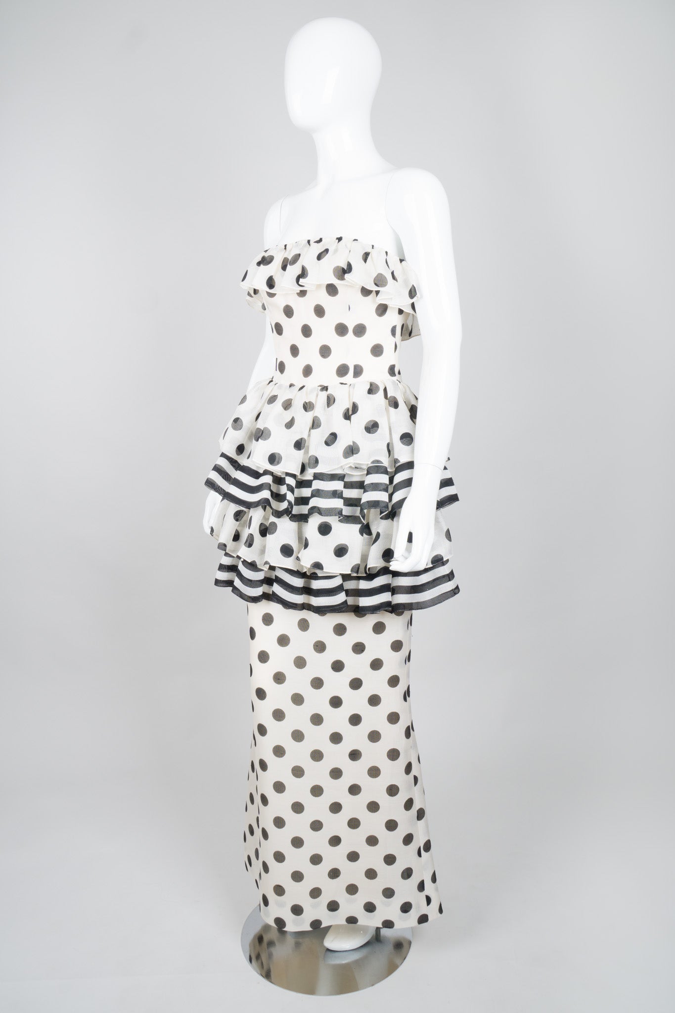 Givenchy 80s Silk Burlap Tiered Polka Dot Peplum Gown