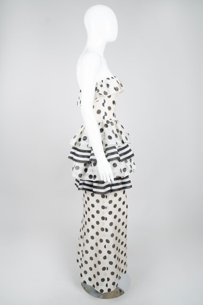 Givenchy 80s Silk Burlap Tiered Polka Dot Peplum Gown