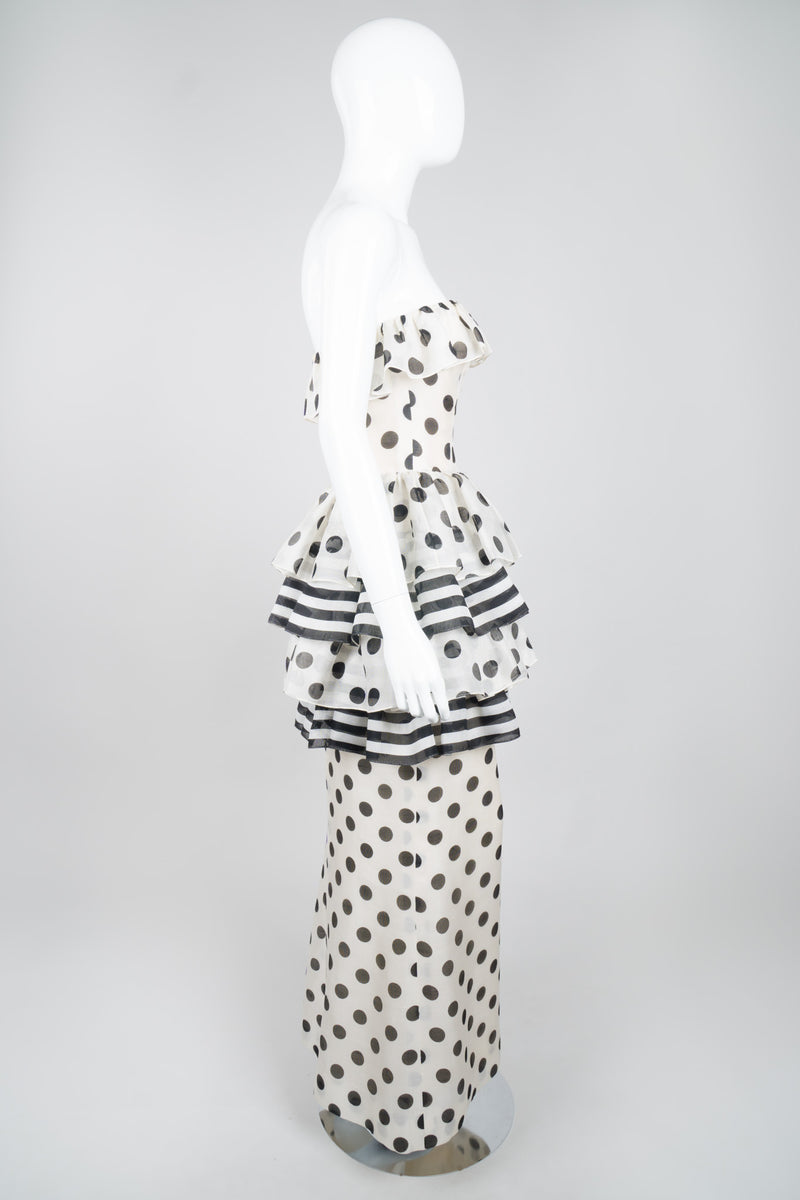 Givenchy 80s Silk Burlap Tiered Polka Dot Peplum Gown