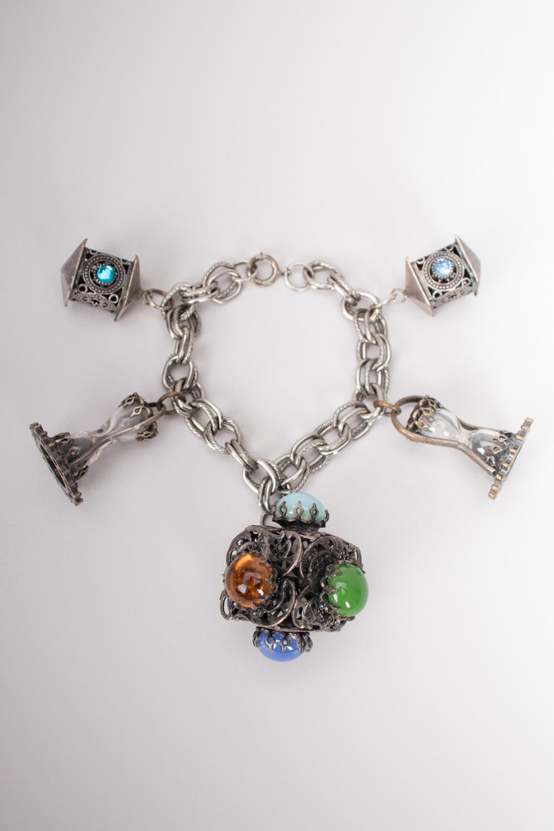Vintage Pewter Moroccan Sands of Time Hourglass Charm Bracelet