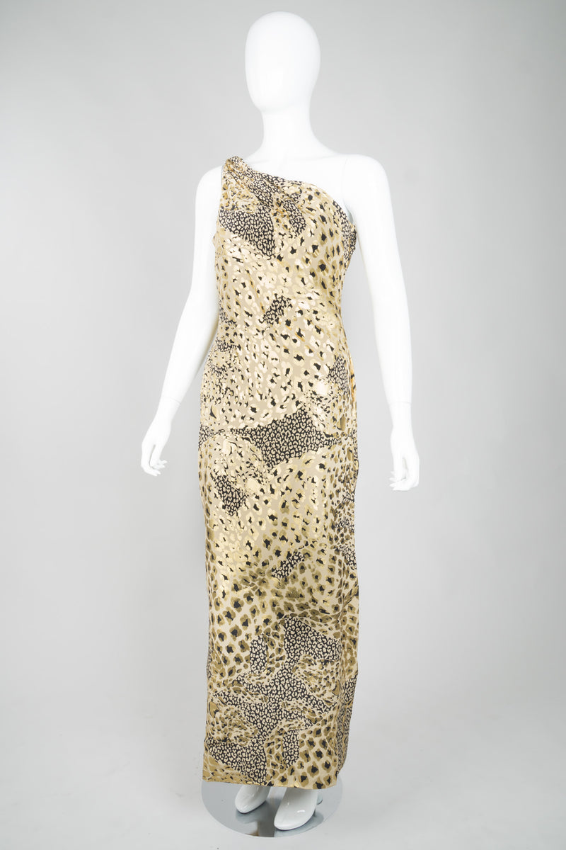 YSL Yves Saint Laurent AW 1992 Leopard Lamé One-Shoulder Dress