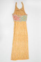 Mary McFadden Beaded Halter Pleated Column Dress