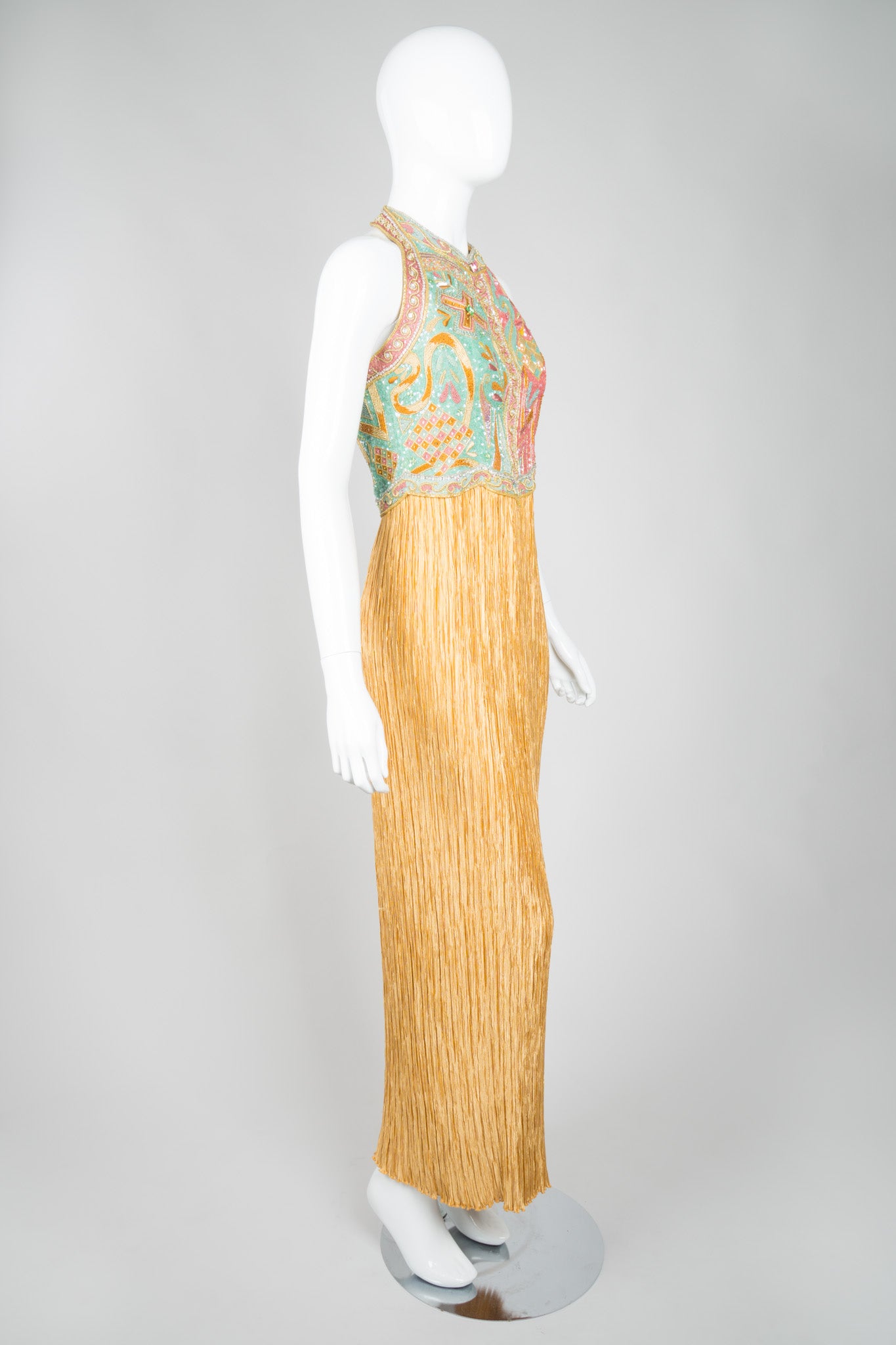 Mary McFadden Beaded Halter Pleated Column Dress