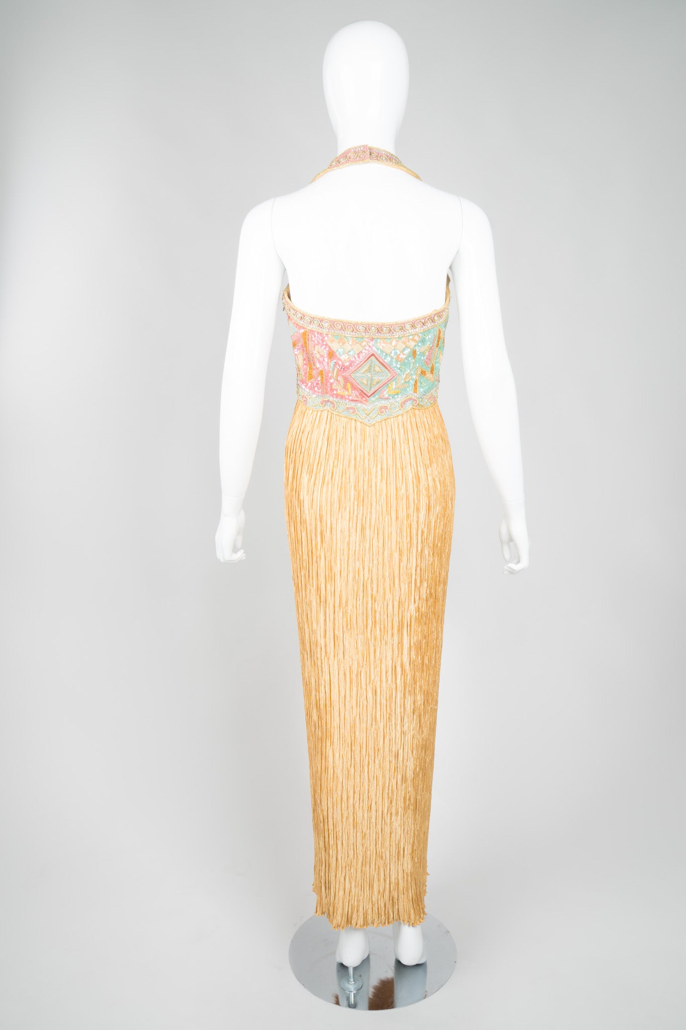 Mary McFadden Beaded Halter Pleated Column Dress