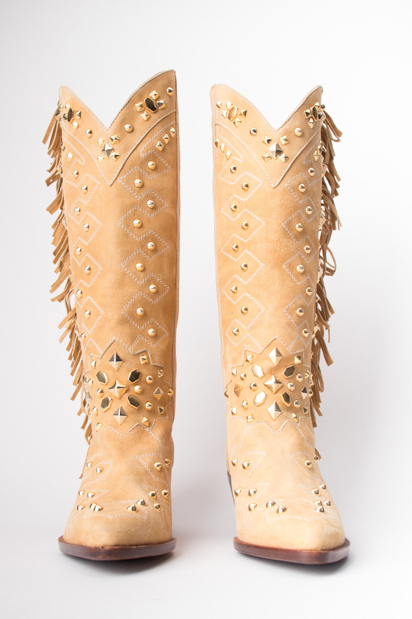 Susan Bennis Warren Edwards SBWE Tan Studded Suede Fringe Cowboy Boots