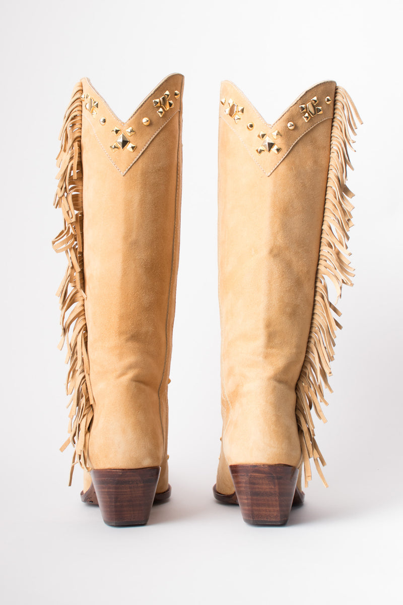 Susan Bennis Warren Edwards SBWE Tan Studded Suede Fringe Cowboy Boots