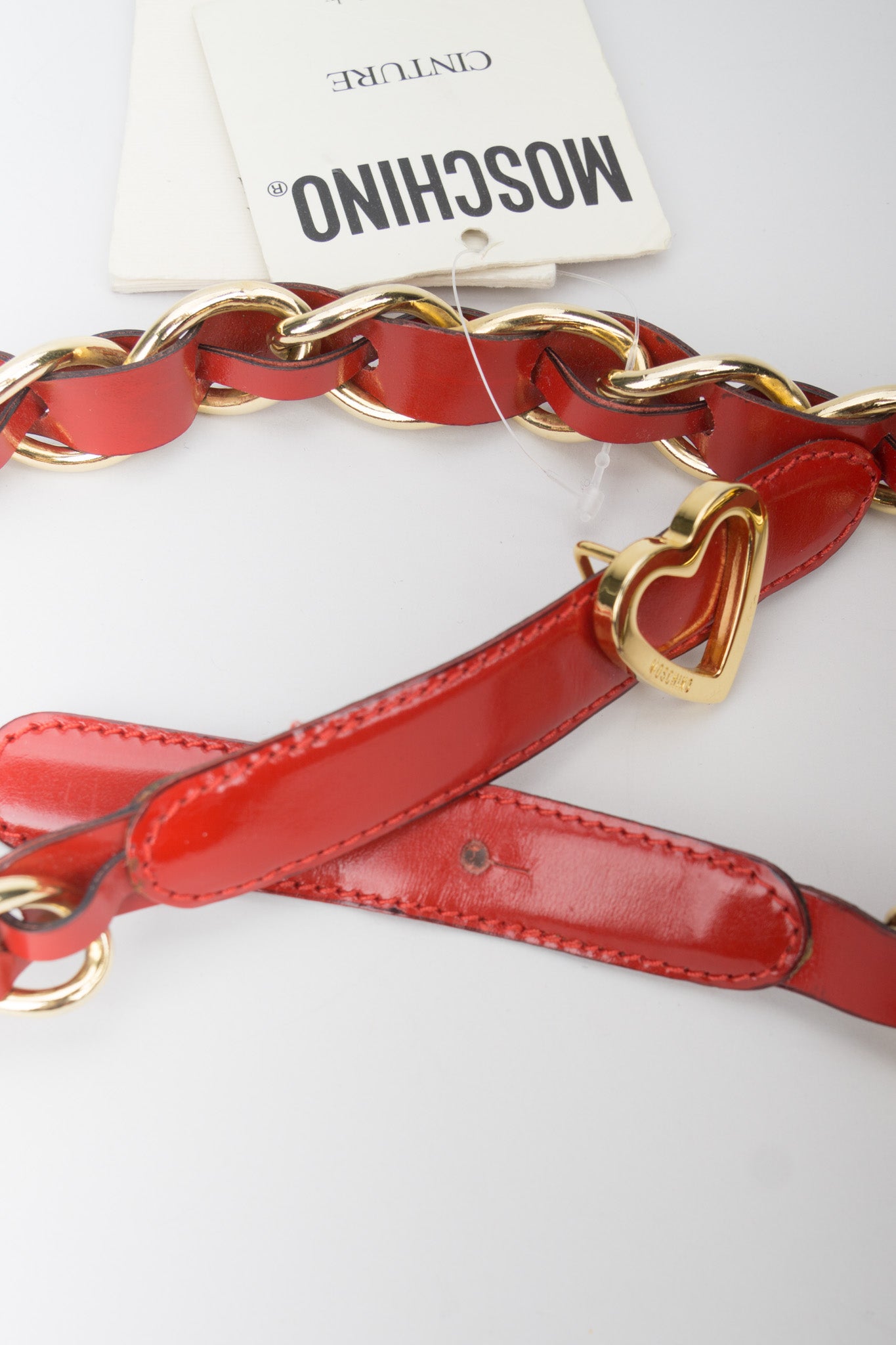 Moschino Cherry Red Patent Leather Braid Heart Chain Belt