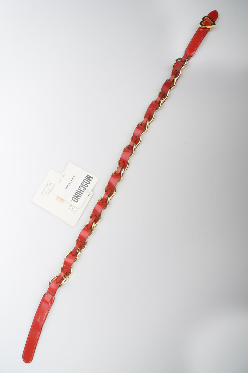 Moschino Cherry Red Patent Leather Braid Heart Chain Belt