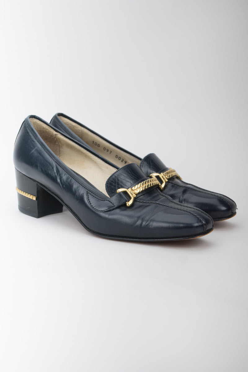 Gucci Vintage Gold Braid Heeled Loafers