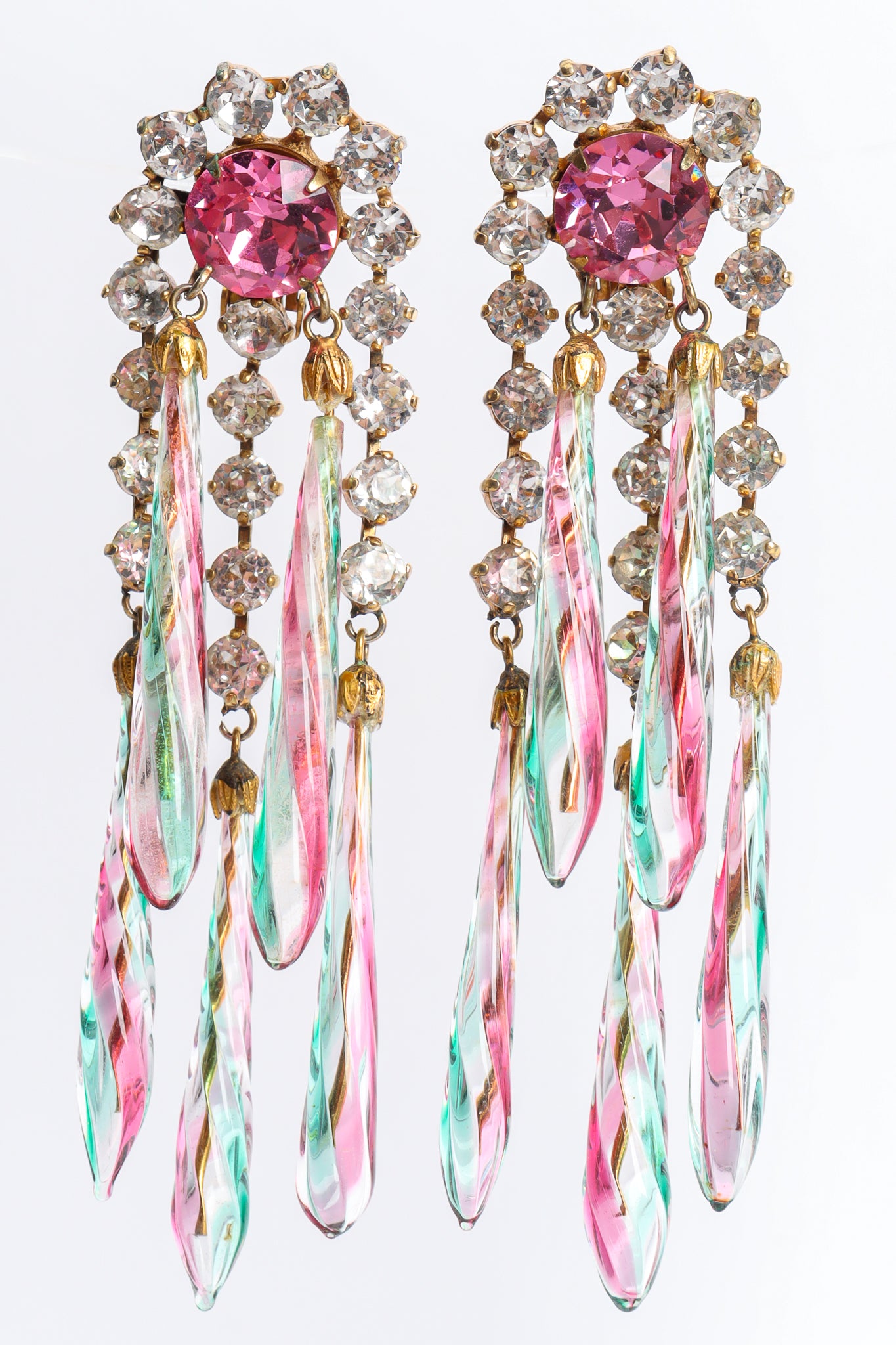 Vintage Schreiner Glass Rod Crystal Chandelier Earrings front hang close @ Recess LA