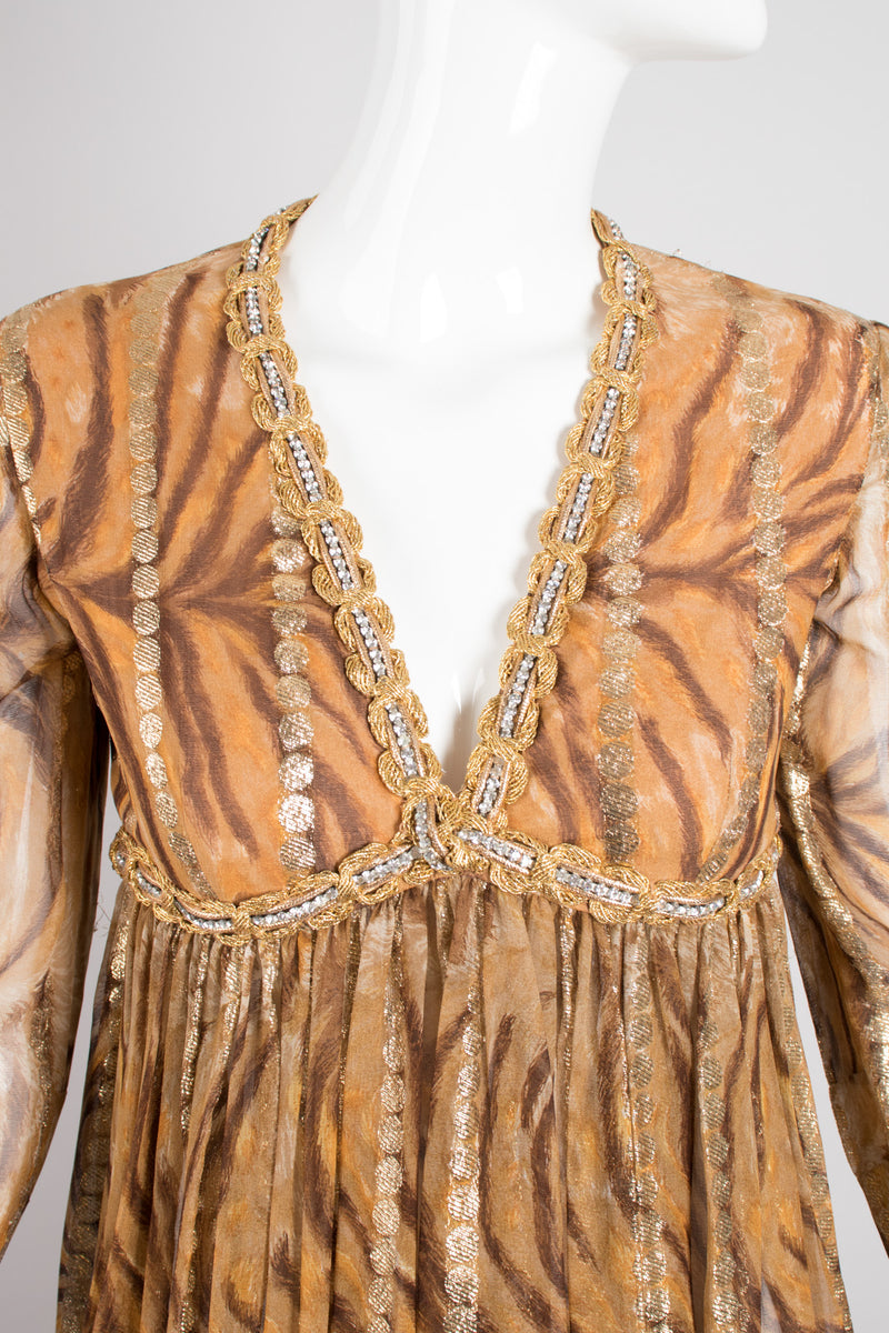 Bill Blass Silk Chiffon Empire Waist Tiger Lamé Dress