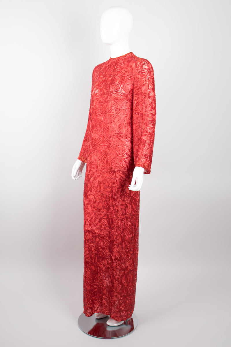Riazee Sheer Red Beaded Shift Column Gown