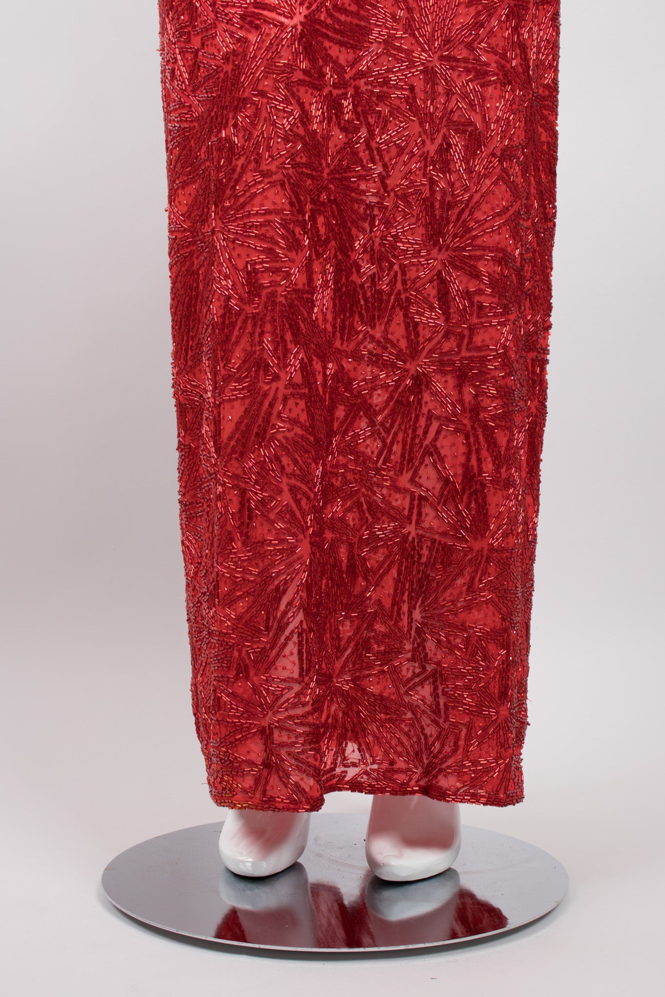 Riazee Sheer Red Beaded Shift Column Gown