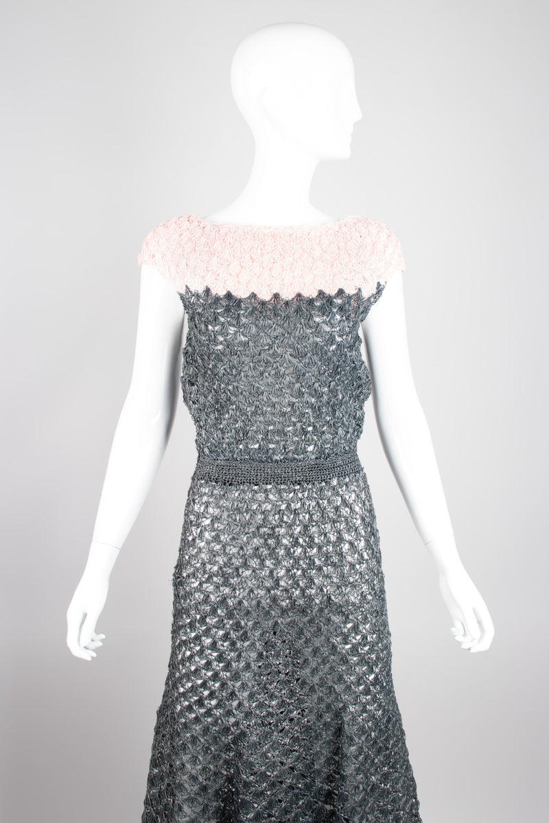 Vintage Crochet Mesh Raffia Colorblock Dress