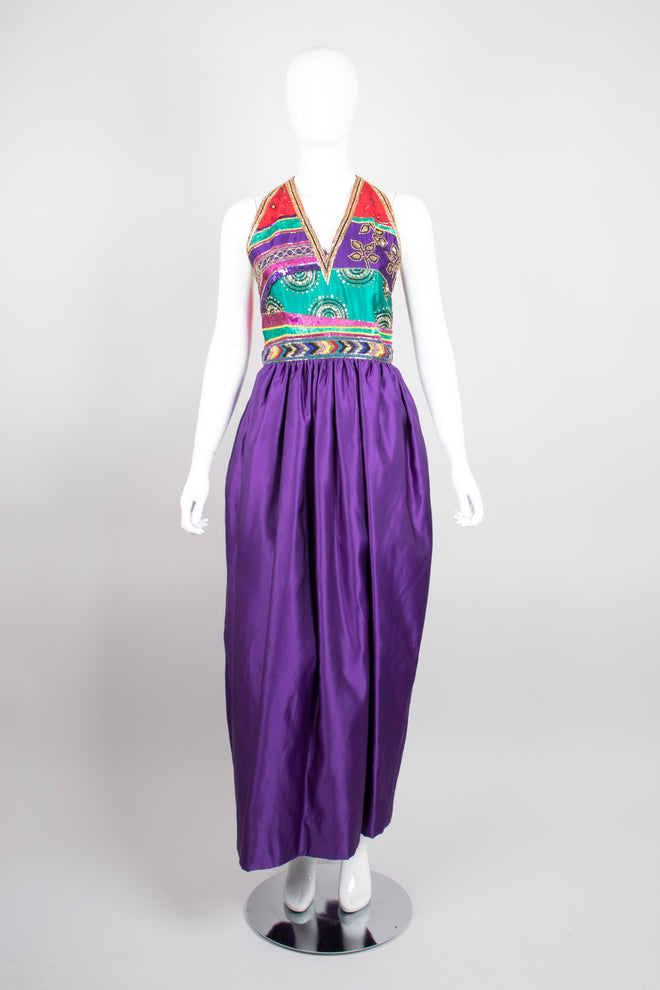 Victoria Royal Jewel Tone Embellished Indian Sari Halter Dress