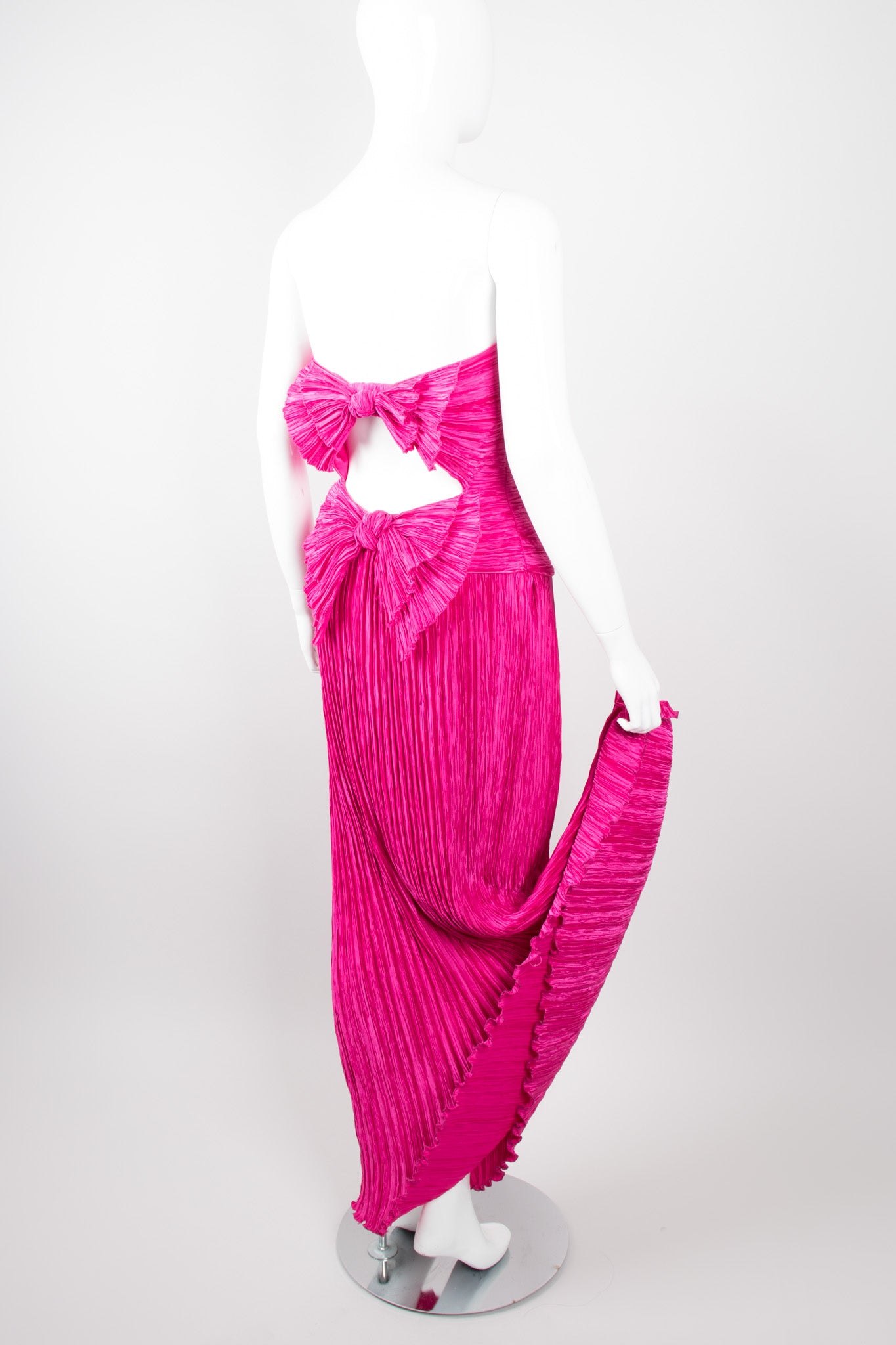 Mary McFadden Hot Pink Strapless Bow Back Pleated Gown