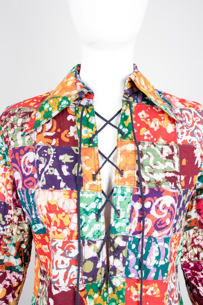 Joseph Magnin Vintage Lace Up Patchwork Batik Shirt