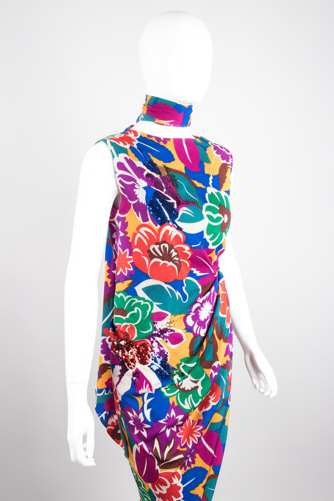 Oscar de la Renta Tropical Floral Print Silk Bias Dress