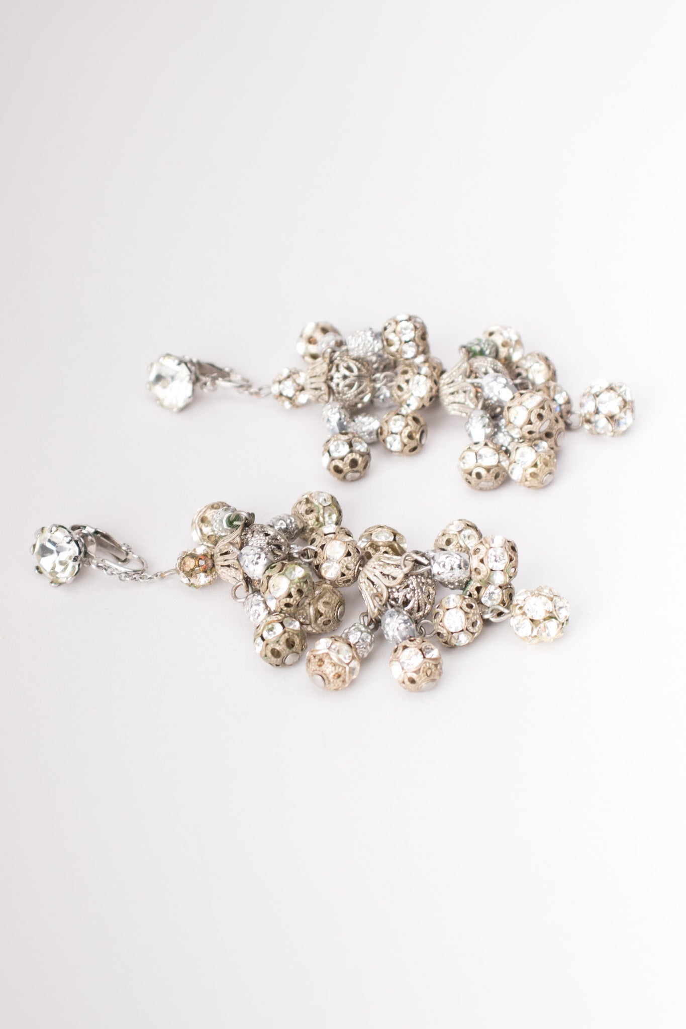 Vintage Filigree Bead Crystal Silver Chandelier Earrings