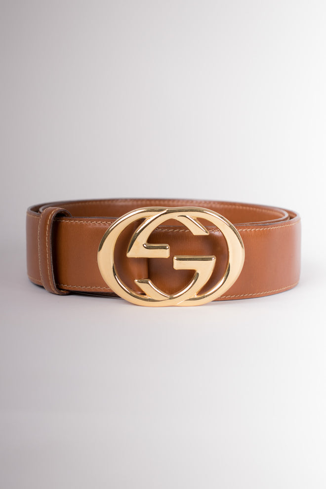 Gucci Vintage 80s Interlocking GG Buckle Leather Belt