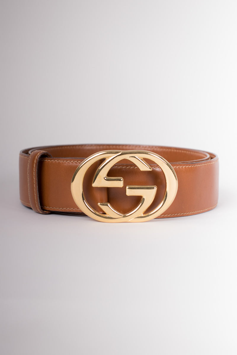 Gucci Vintage 80s Interlocking GG Buckle Leather Belt