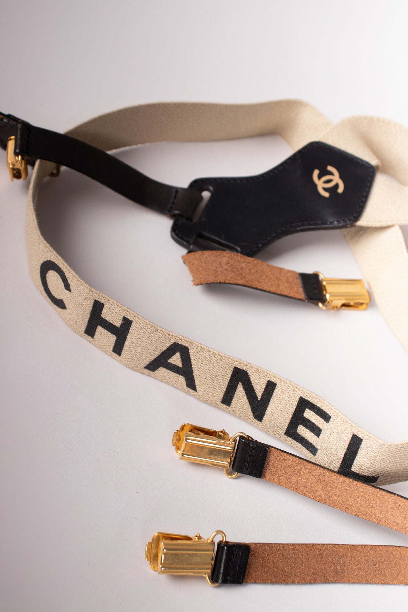 Chanel Vintage Rare Tan Logo Suspenders