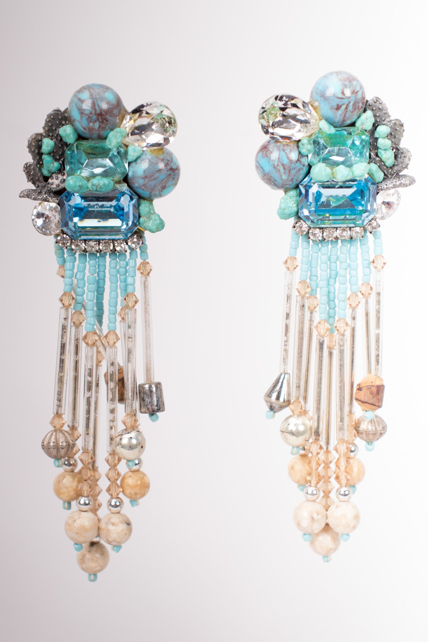 Vintage Turquoise Bead Waterfall Fringe Earrings