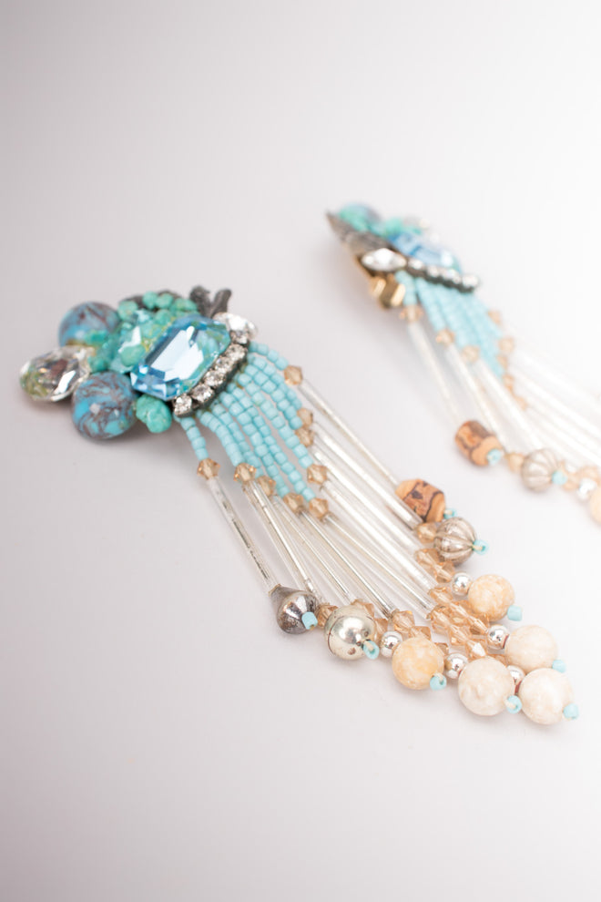 Vintage Turquoise Bead Waterfall Fringe Earrings