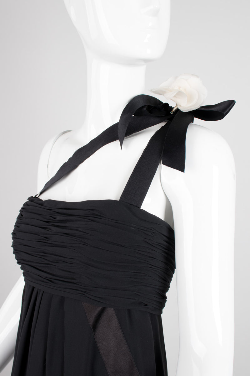 Chanel Empire Asymmetrical Chiffon Camelia Black Tie Dress